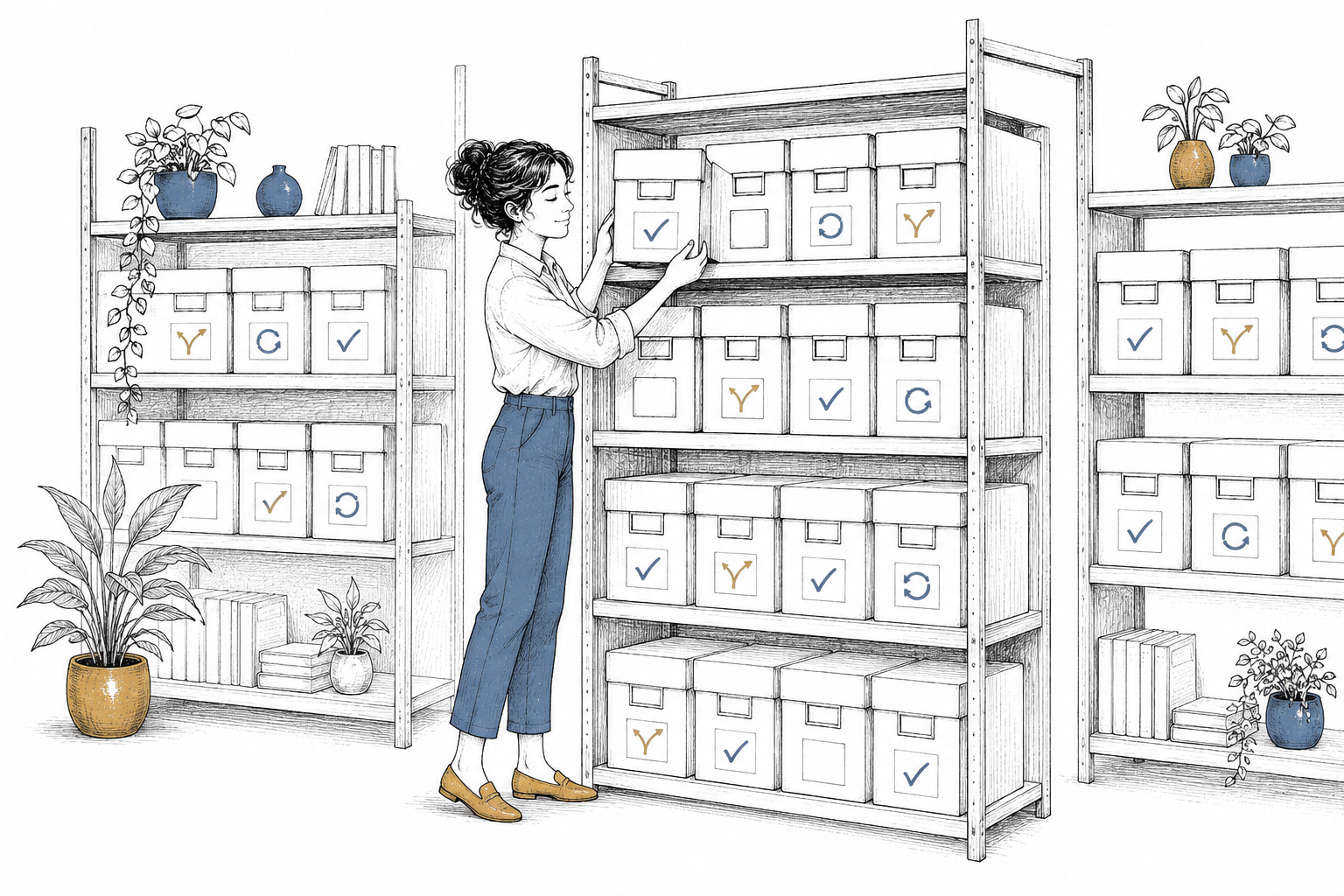 A woman organising decision boxes in a neatly arranged archive, with symbols for choices, outcomes, and reviews.